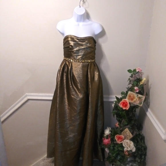 Monique Lhuillier Strapless Sparkly Bronze Lame´ Beaded Waist Evening Gown - Picture 16 of 16